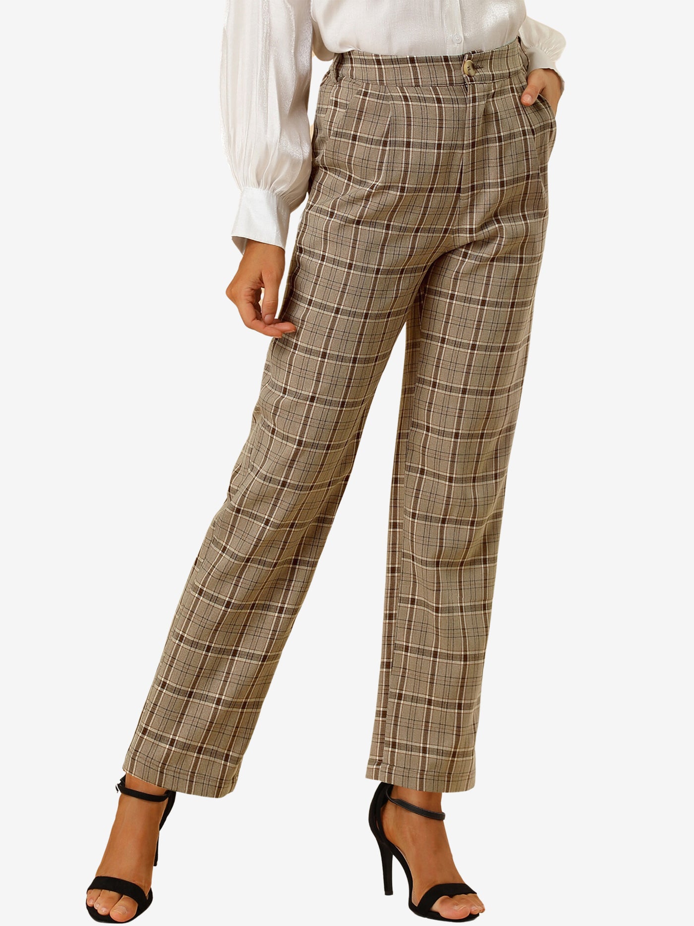 Allegra K Plaid Pants Elastic Waist Casual Work Office Long Trousers