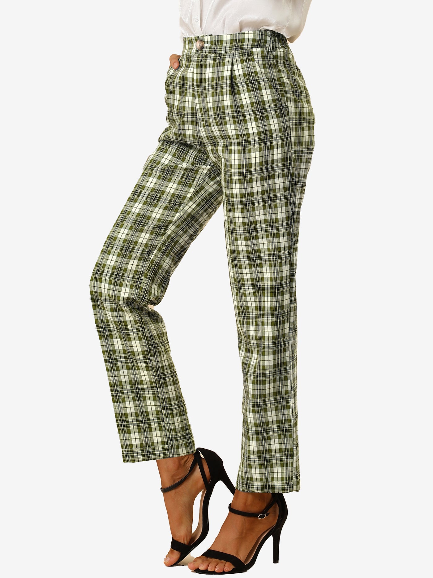 Allegra K Plaid Pants Elastic Waist Casual Work Office Long Trousers