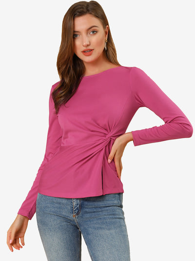 Allegra K Round Neck Front Twist Tops Long Sleeve Blouse T Shirt