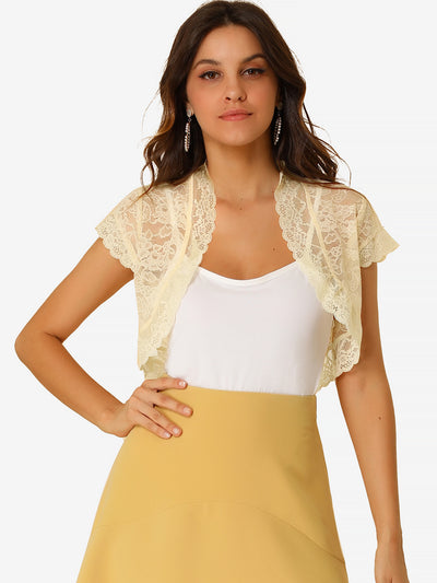 Elegant Short Sleeve Sheer Floral Lace Shrug Top