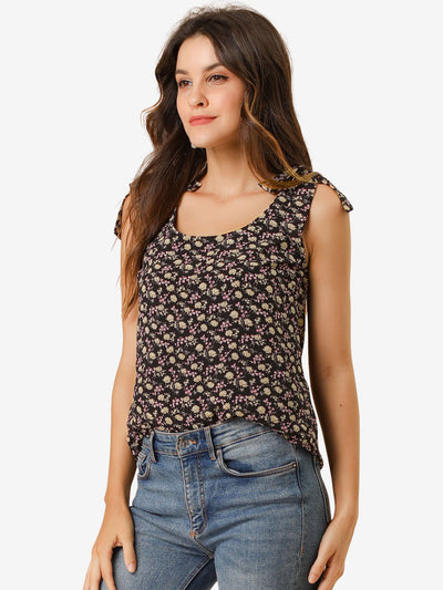 Boho Floral Print Casual Chiffon Tie Shoulders Tank Top