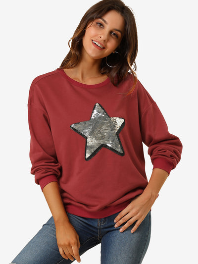 Sequin Shiny Star Crew Neck Long Sleeve Sweatshirt Top