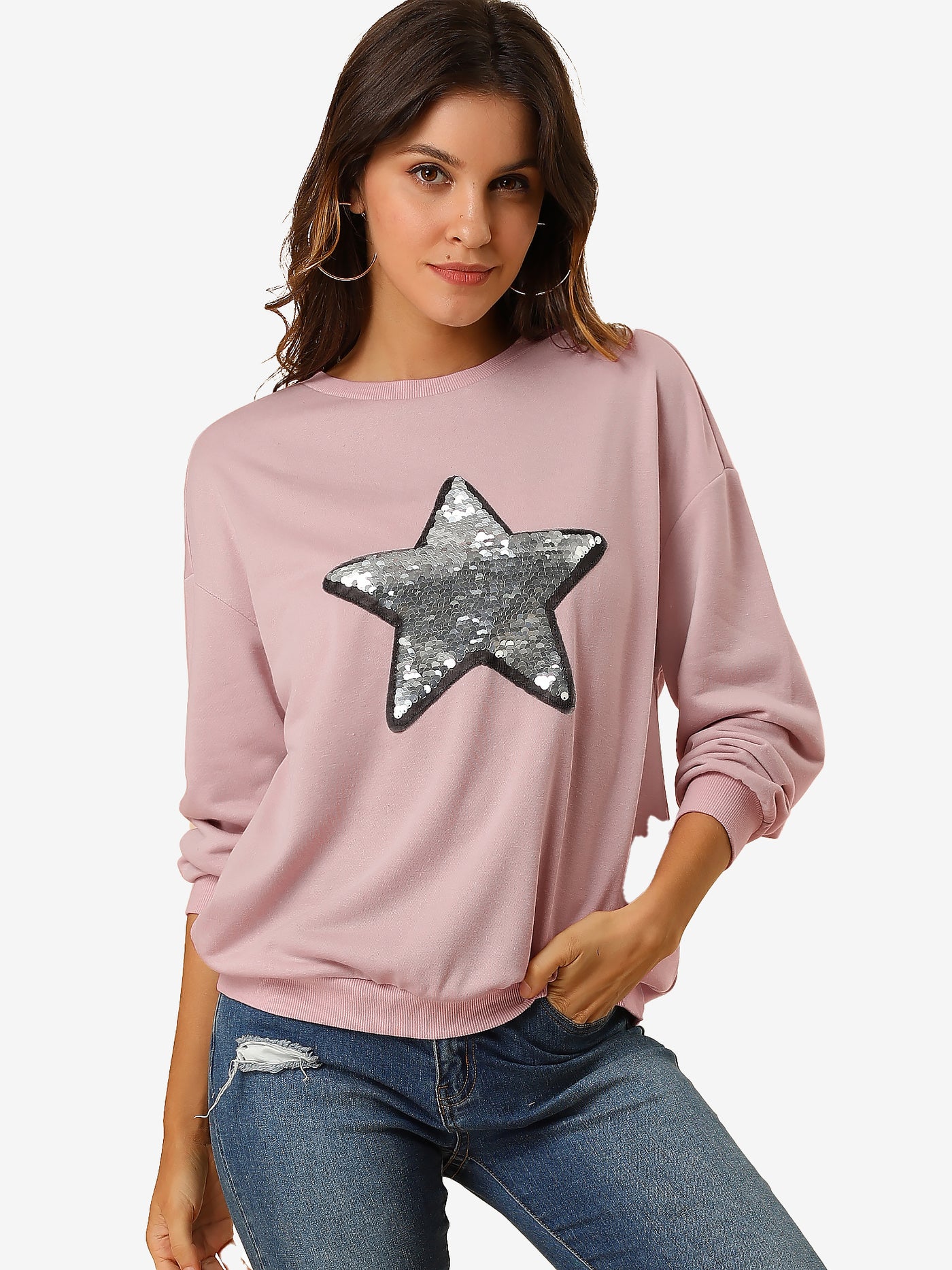 Allegra K Sequin Shiny Star Crew Neck Long Sleeve Sweatshirt Top