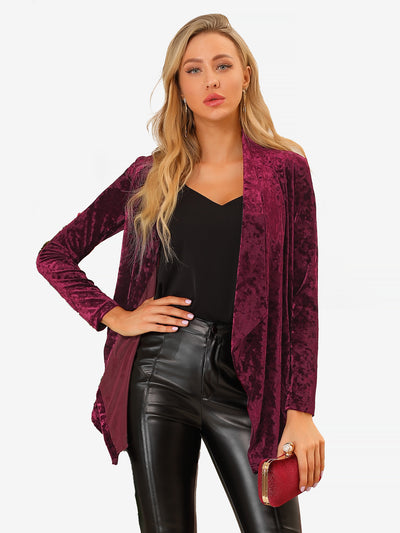 Shawl Collar Pocket Open Front Velvet Cardigan