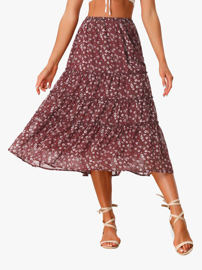 Chiffon Floral Printed Long Tiered Ruffle Boho Midi Skirt