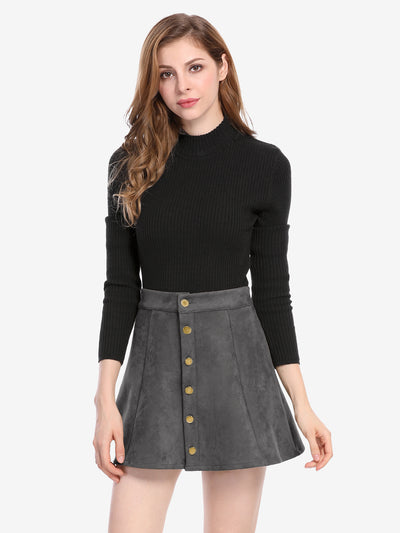 Faux Suede Button Closure A-Line High Waisted Short Skirt