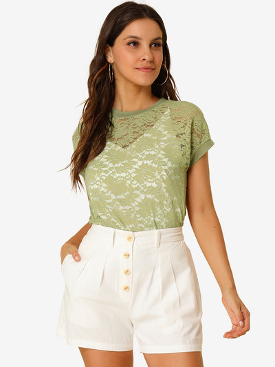 Lace Floral Curved Hem Short Sleeve See Through Blouse