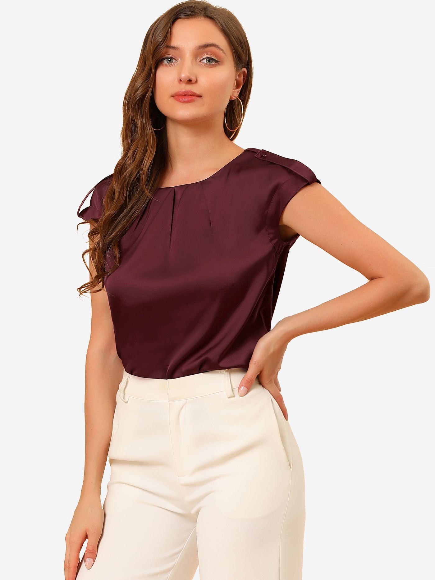 Allegra K Satin Cap Sleeve Top Pleated Casual Work Office Blouse