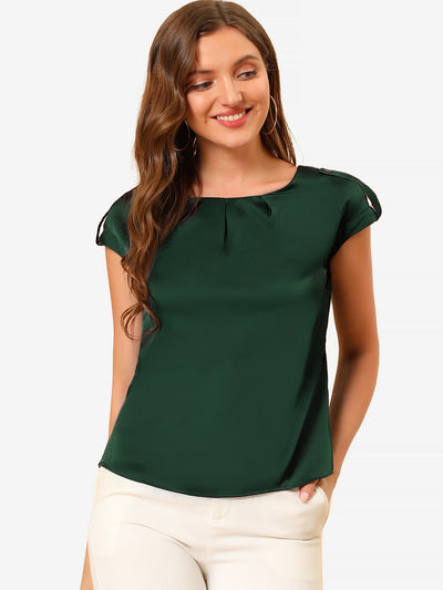 Satin Cap Sleeve Top Pleated Casual Work Office Blouse