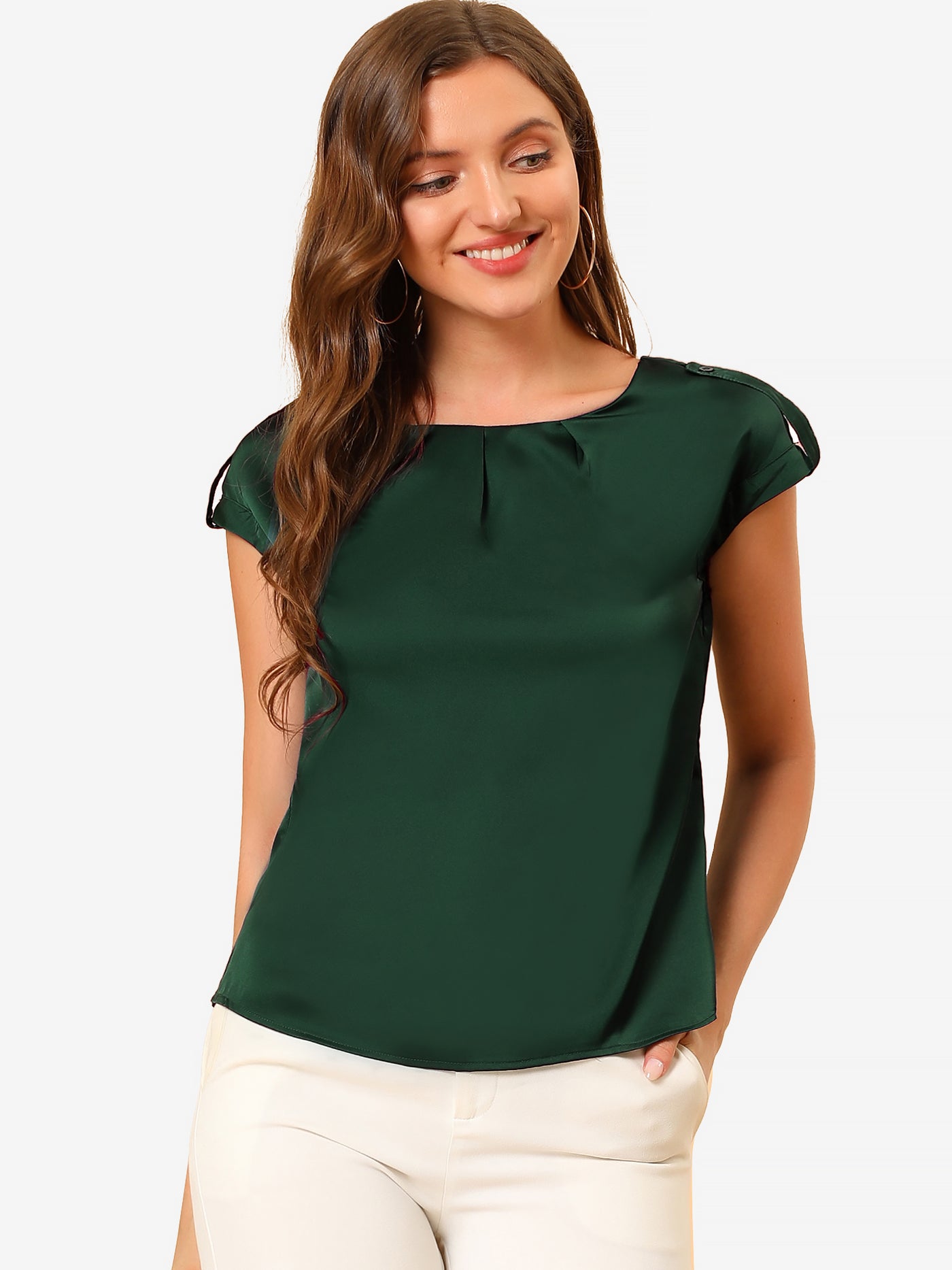 Allegra K Satin Cap Sleeve Top Pleated Casual Work Office Blouse