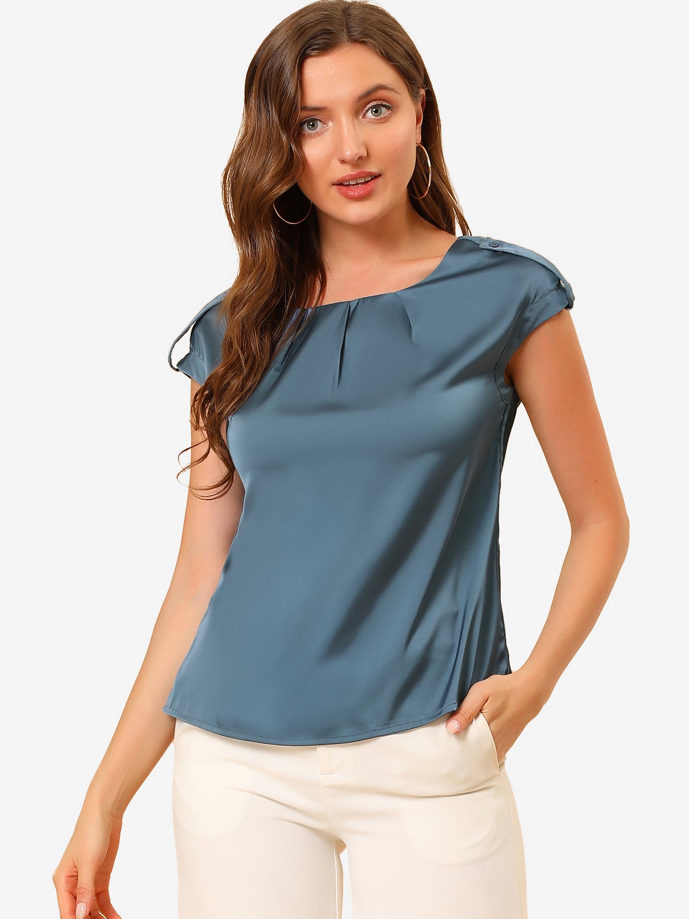 Allegra K Satin Cap Sleeve Top Pleated Casual Work Office Blouse