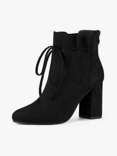 Lace Up Round Toe Drawstring Block Heel Ankle Boots