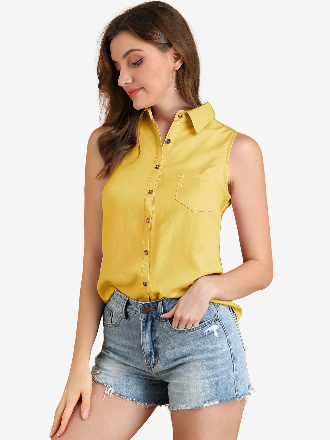 Allegra K Denim Collar Button Down Casual Office Sleeveless Shirt