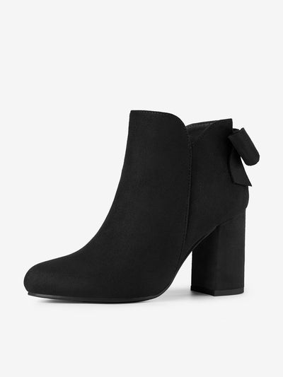 Round Toe Bow Decor Chunky Heel Ankle Boots