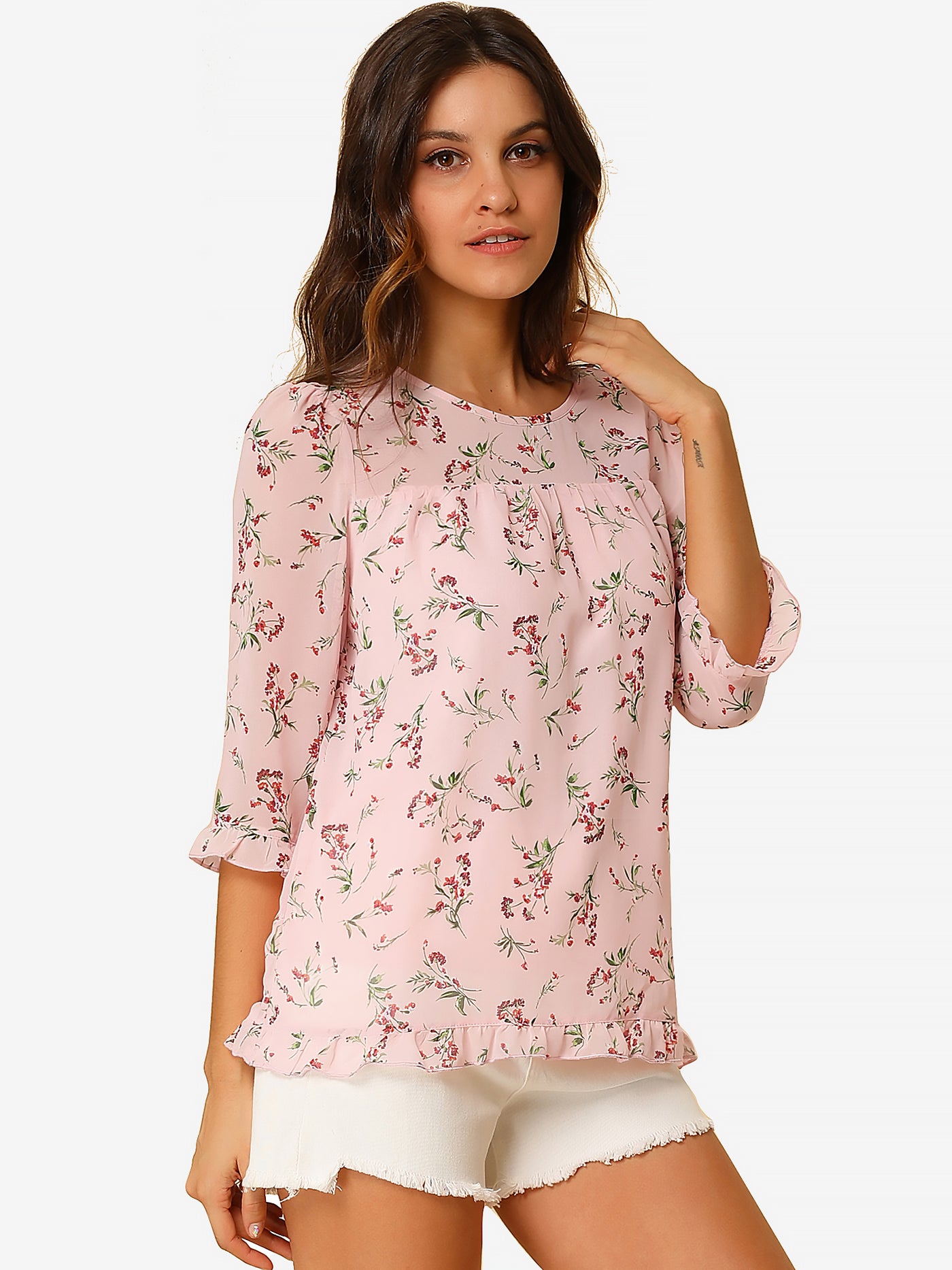 Allegra K Casual Ruffle 3/4 Sleeve Floral Print Chiffon Blouse