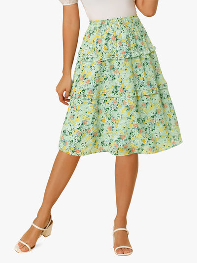 Floral Smocked Elastic Waist Knee Length Ruffle Tiered Skirt