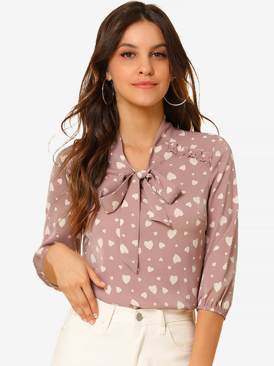 Printed Ruffle Shoulder Elastic Cuff Bow Tie Neck Blouse