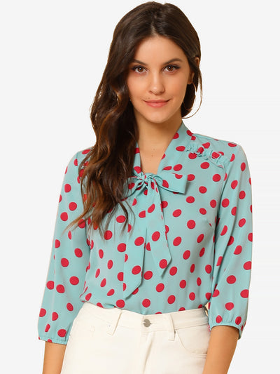 Printed Ruffle Shoulder Elastic Cuff Bow Tie Neck Blouse