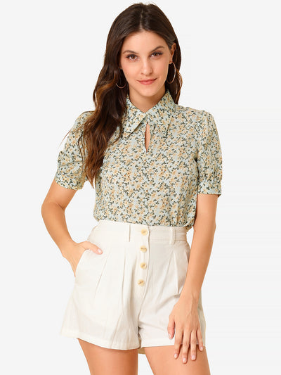 Elegant Turndown Collar Summer Puff Sleeve Vintage Floral Blouse