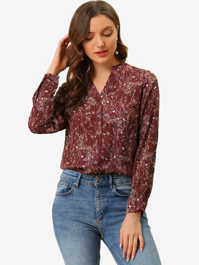 Chiffon Floral Tops V Neck Long Sleeve Button-Up Blouse Shirt