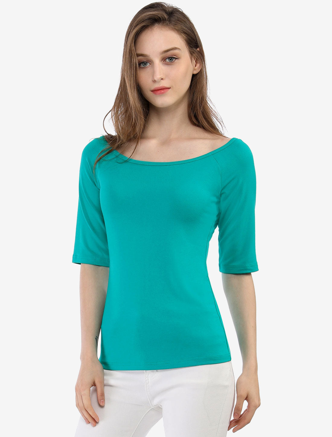 Allegra K Half Sleeve Scoop Neck Fitted Layering Top T-Shirt