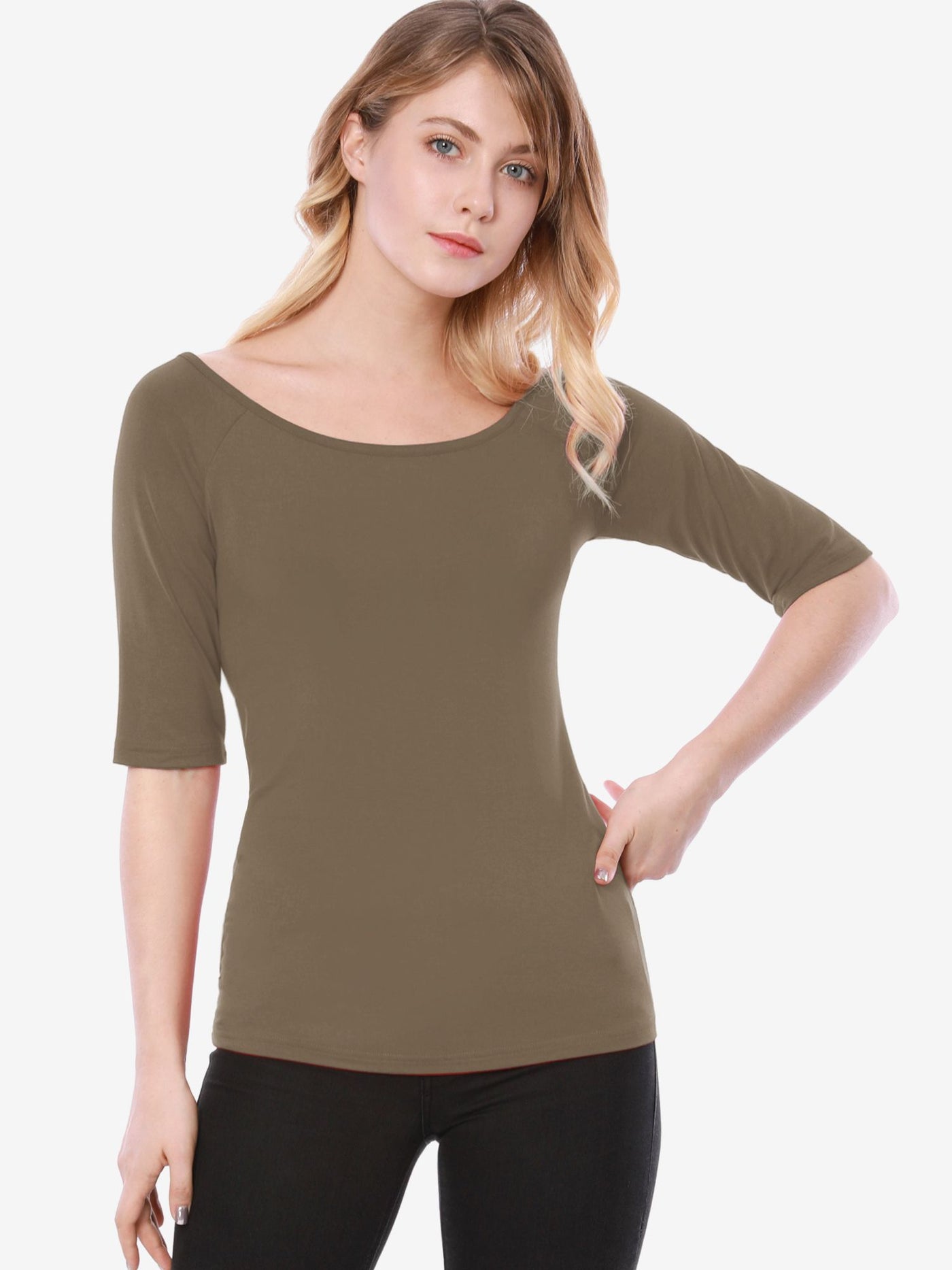 Allegra K Scoop Neck Half Sleeves Fitted Layering Soft T-Shirt