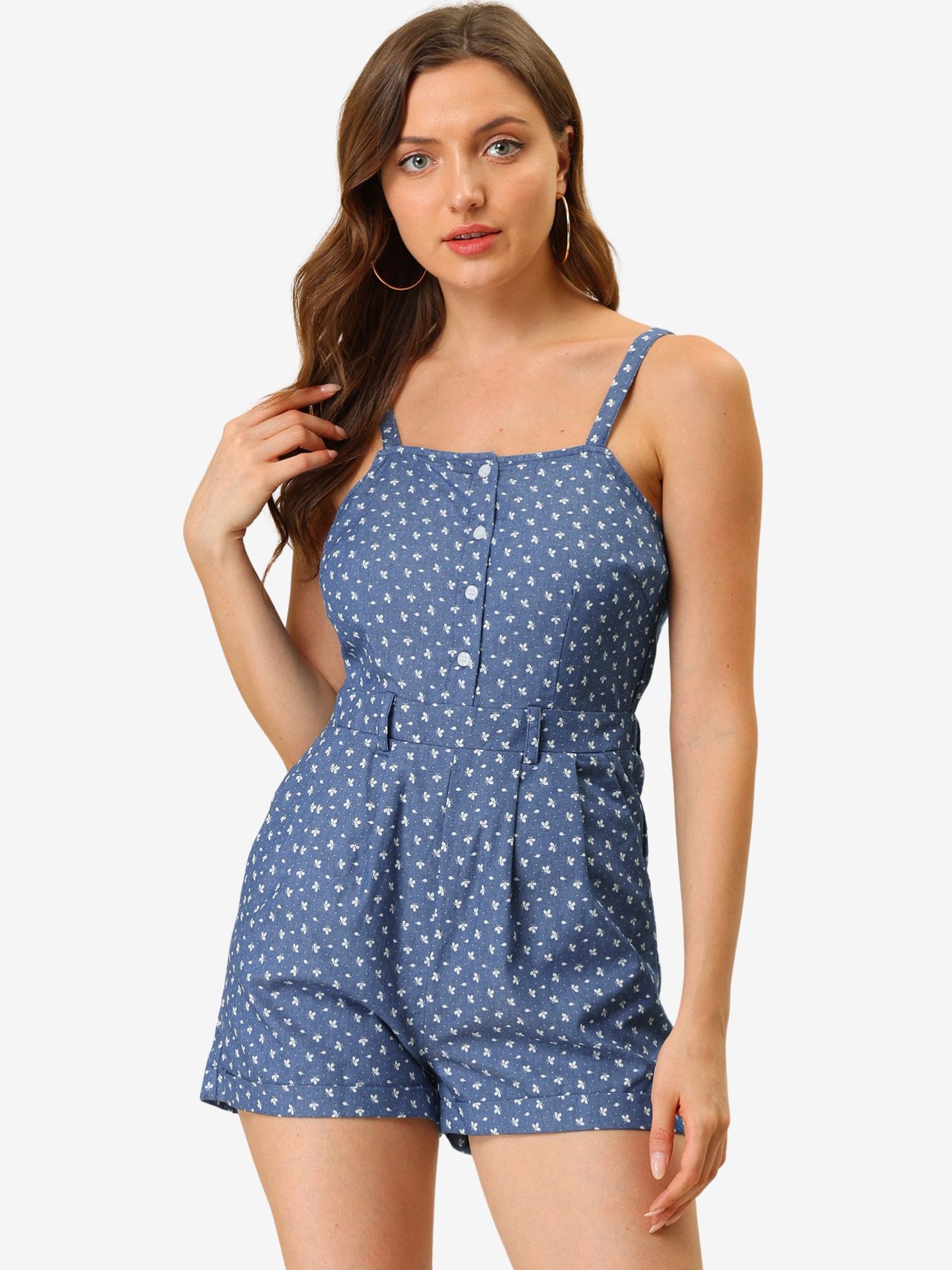 Allegra K Short Overalls Chambray Sleeveless Jumpsuit Casual Print Rompers