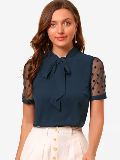 Bow Tie V Neck Stand Collar Short Mesh Sleeve Blouse