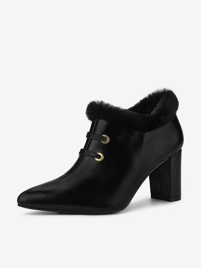 Block Heel Pointed Toe Faux Fur Ankle Booties