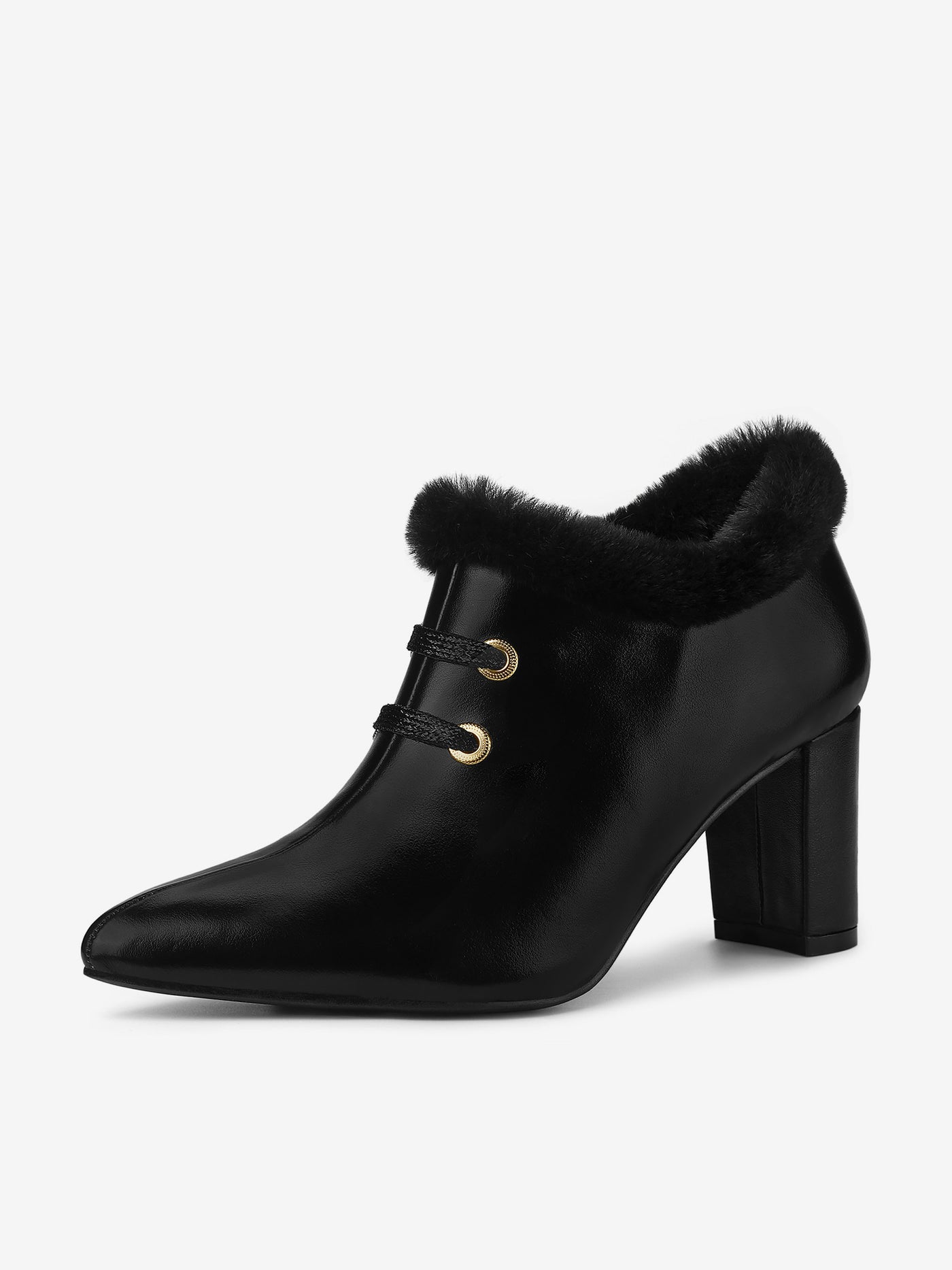 Allegra K Block Heel Pointed Toe Faux Fur Ankle Booties