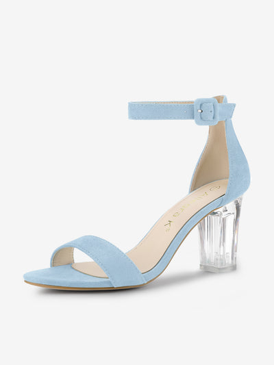 Faux Suede Open Toe Ankle Strap Clear Chunky Heel Sandals