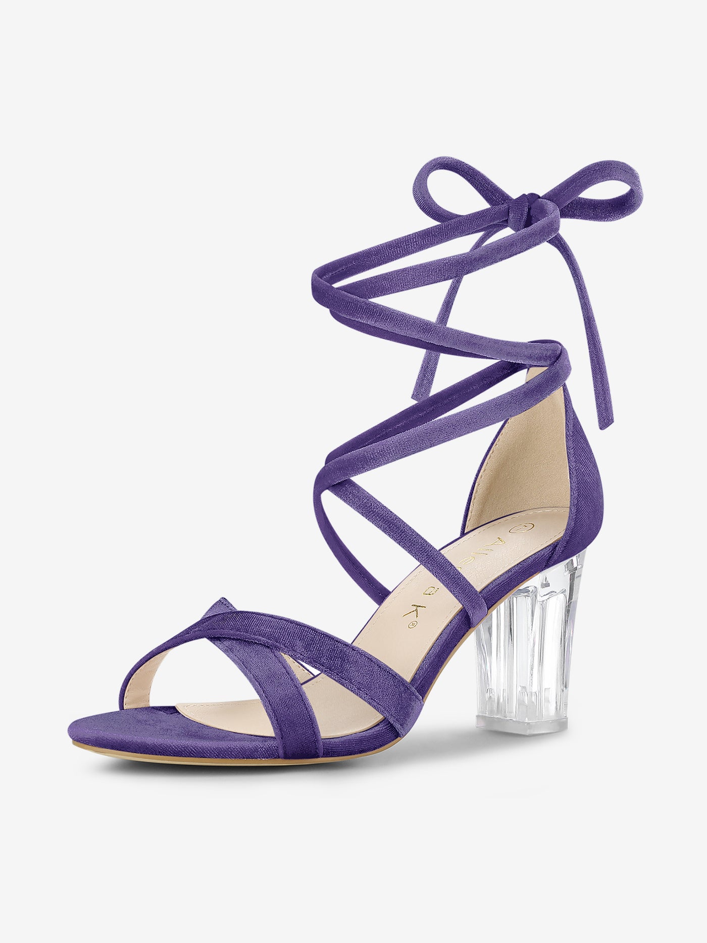 Allegra K Velvet Vamp Ankle Lace Up Clear Block Heel Sandals