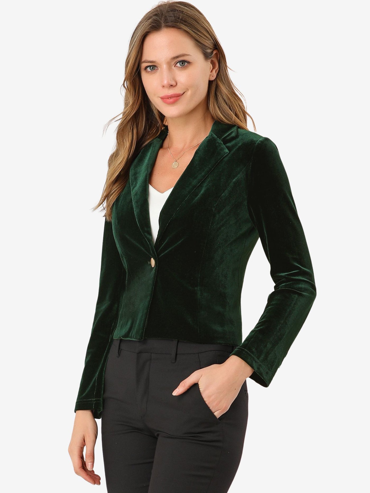 Allegra K Single Button Velvet Lapel Business Crop Blazer Jacket