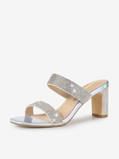 Square Open Toe Rhinestone Chunky Heel Slide Sandals