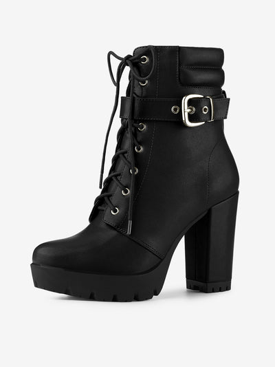 Lace Up Belt Decor Platform Block Heel Combat Ankle Boots