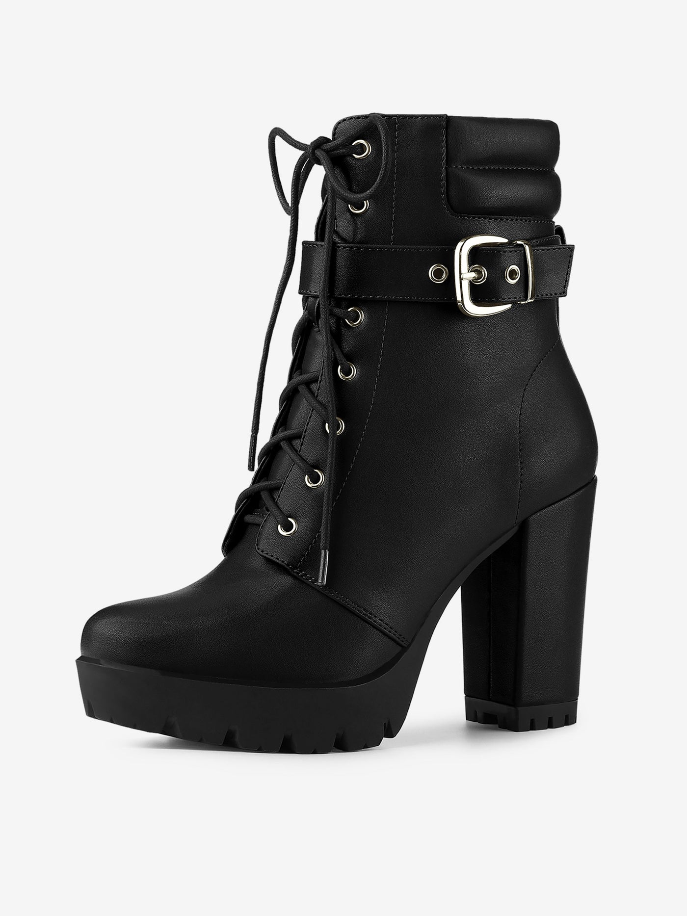 Allegra K Lace Up Belt Decor Platform Block Heel Combat Ankle Boots