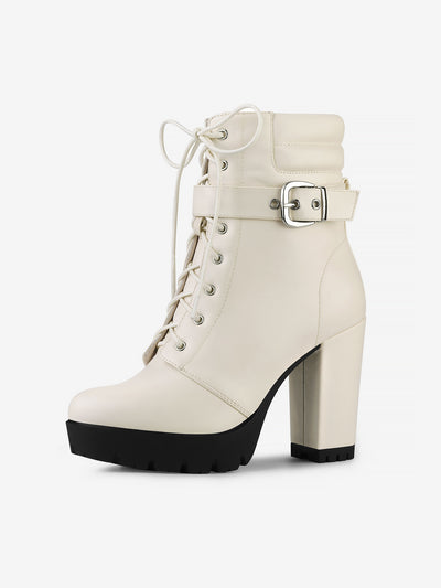 Lace Up Belt Decor Platform Block Heel Combat Ankle Boots