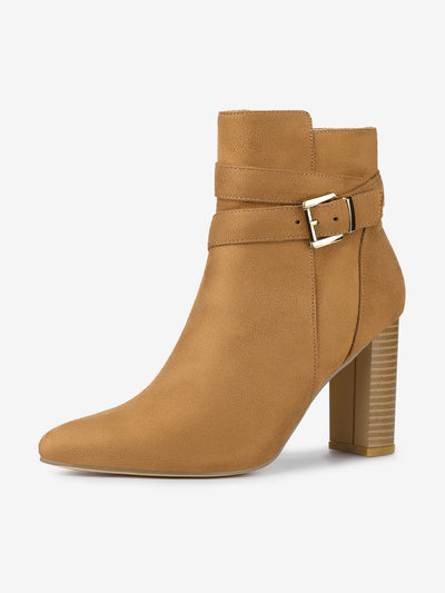 Pointed Toe Buckle Decor Chunky Heel Ankle Boots