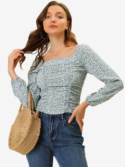 Floral Ruched Square Neck Blouse Smocked Top