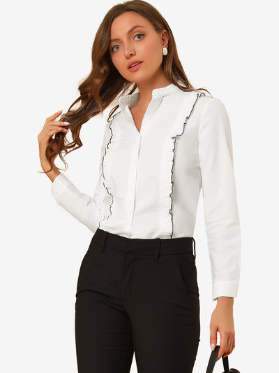 Women's Ruffle Front Shirts Long Sleeve Stand Collar Button Down Fitted Work Office Tops