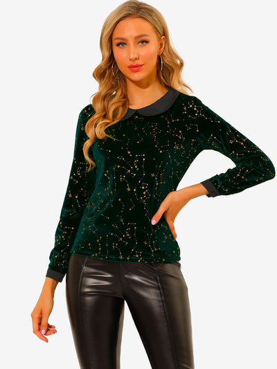 Allegra K Peter Pan Collar Long Sleeve Stars Printed Velvet Blouse