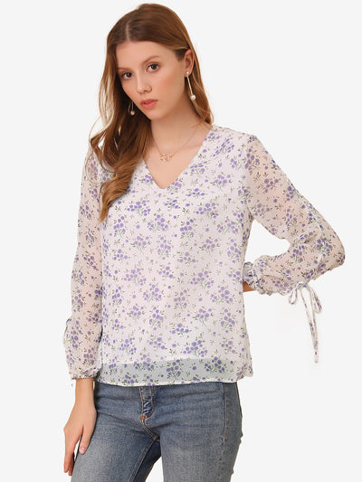 Floral Semi-Sheer V Neck Tie Cuff Tops Elegant Chiffon Blouse