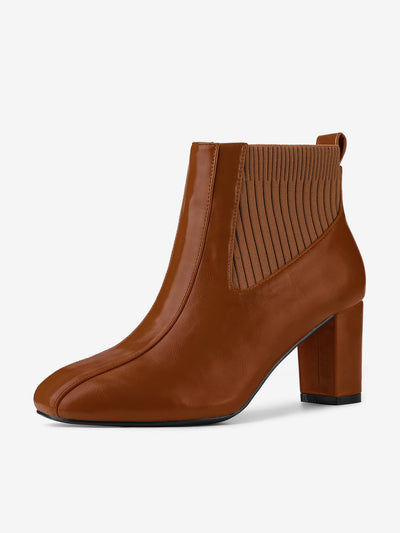 Elastic Band Square Toe Block Heel Slip-On Chelsea Boots