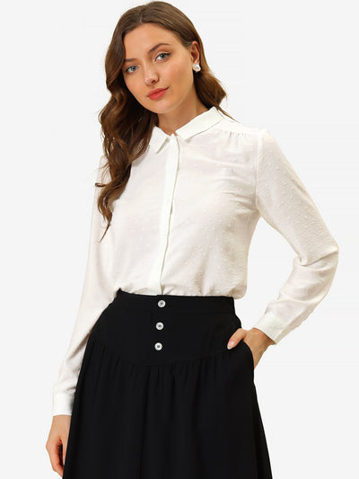 Office Point Collar Long Sleeve Swiss Dot Button Down Blouse