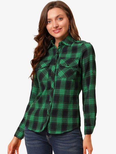 Roll Up Long Sleeve Christmas Button Down Plaid Flannel Shirt Top