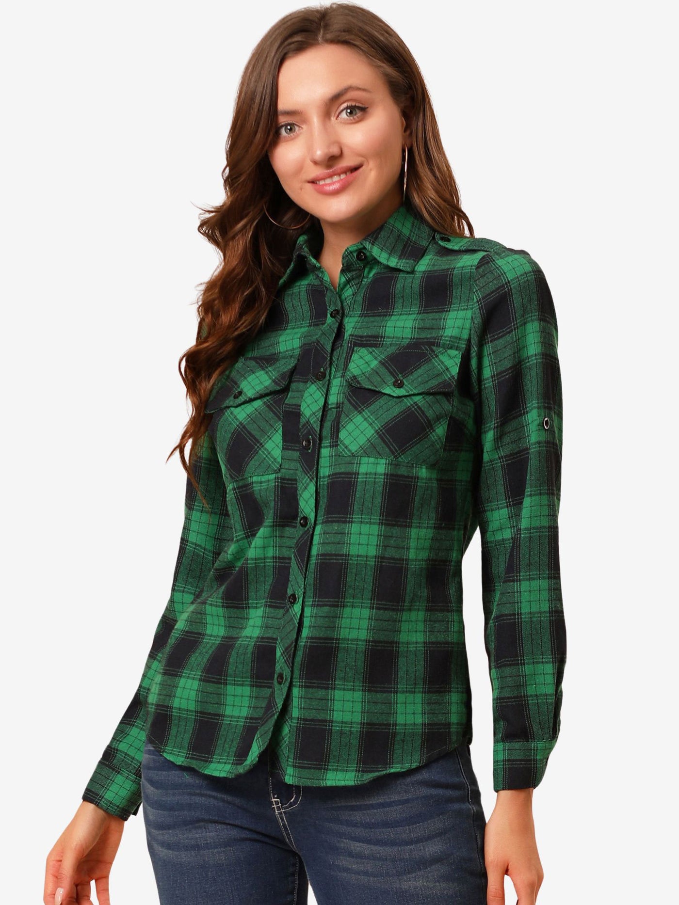 Allegra K Roll Up Long Sleeve Christmas Button Down Plaid Flannel Shirt Top