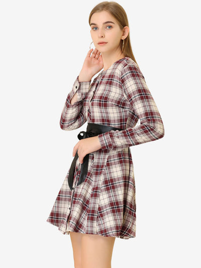 Plaid Long Sleeve Button Down Belted Mini Shirtdress