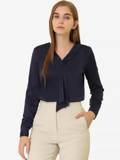 Satin Tie Neck Long Sleeve Solid Color Elegant Office Work Shirt Top