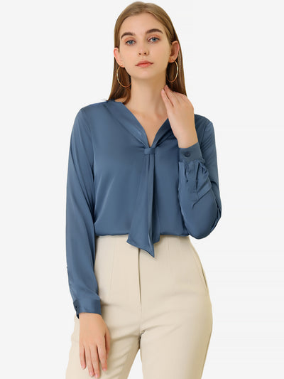 Satin Tie Neck Long Sleeve Solid Color Elegant Office Work Shirt Top