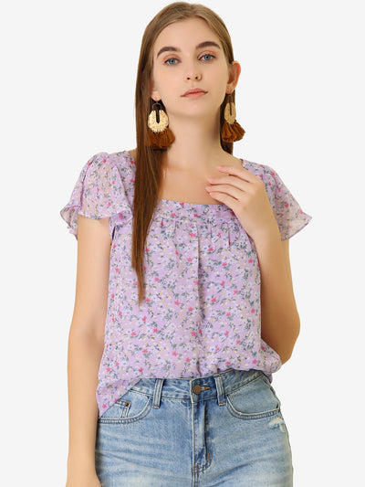 Chiffon Ruffle Sleeve Top Layered Vintage Ditsy Floral Blouse